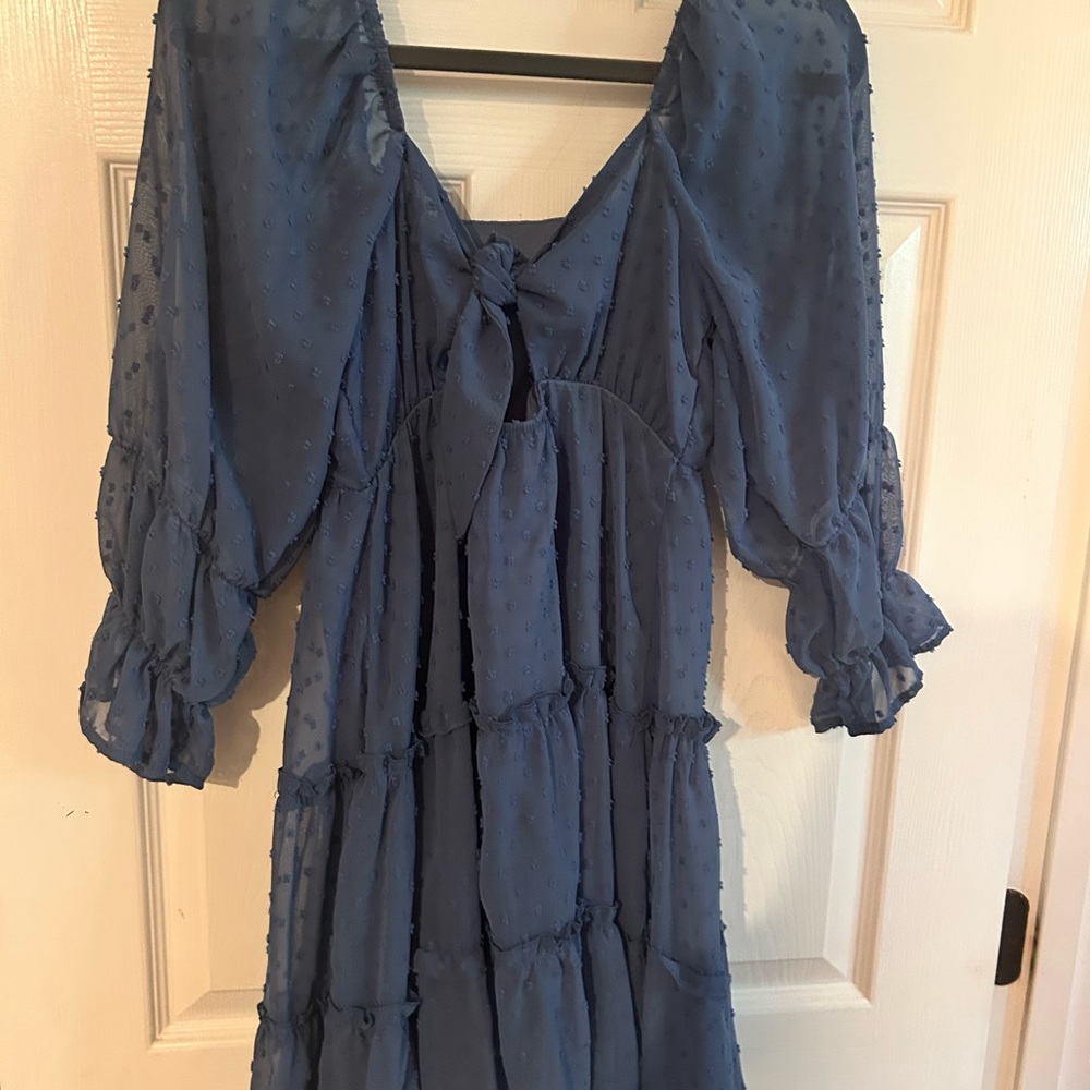Blue Textured Dress with Tie Front